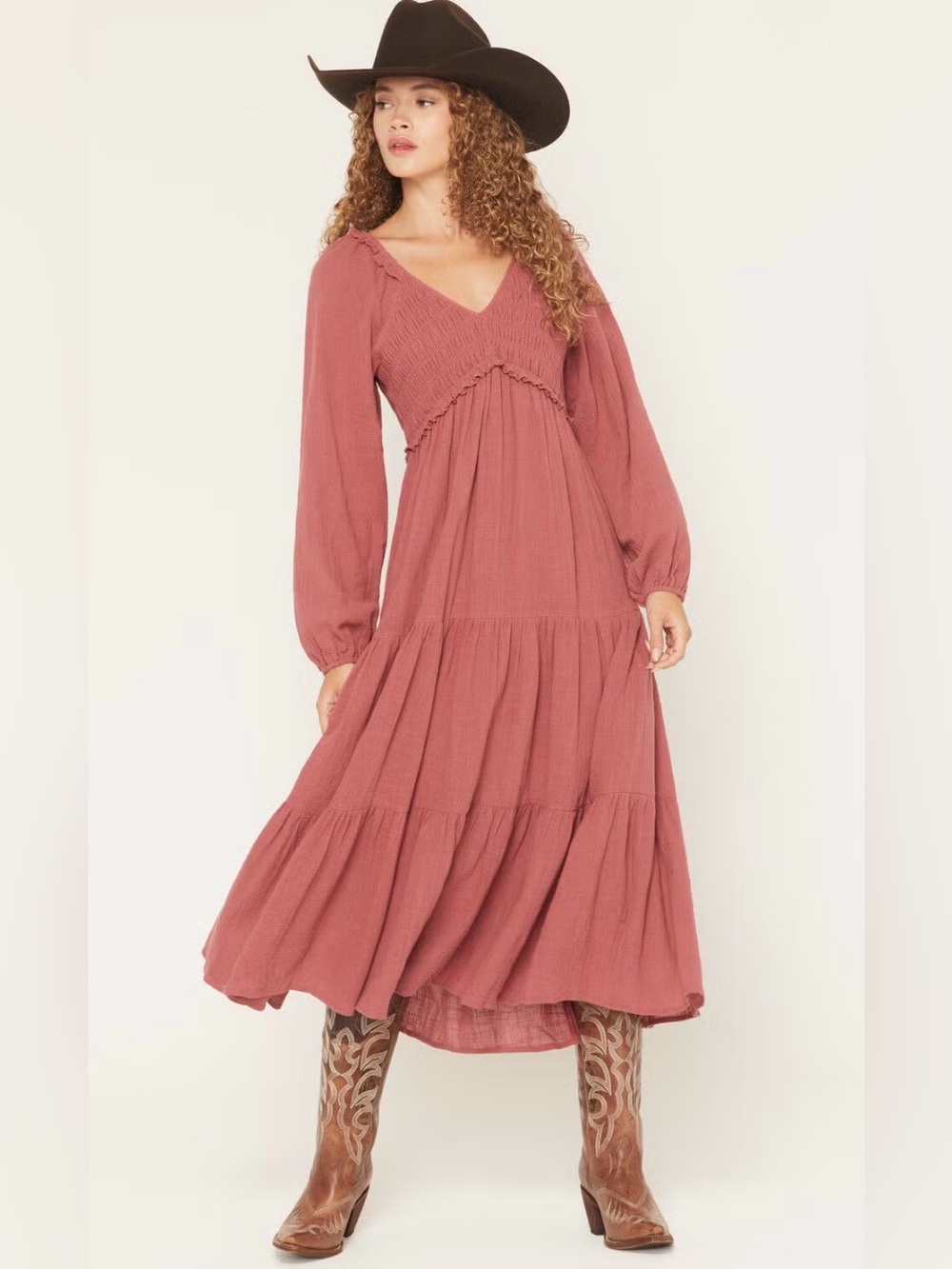 YURA WOMEN'S LONG SLEEVE SMOCKED TIERED MIDI DRESS size large